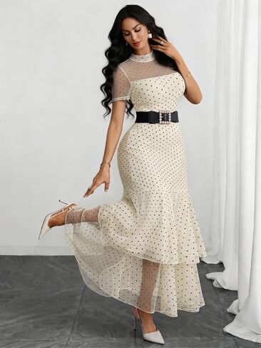 GothDark Women's Summer Mesh Tiered Ruffle Dress Polka Dot A-Line Front Split Flowy Elegant Party Wedding Guest Dresses in Saudi Arabia