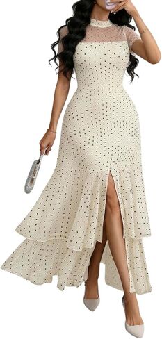GothDark Women's Summer Mesh Tiered Ruffle Dress Polka Dot A-Line Front Split Flowy Elegant Party Wedding Guest Dresses in Saudi Arabia