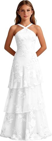 Halter Junior Bridesmaid Dresses Long Tiered Lace Girls Prom Dress Spaghetti Straps Floral Girls Formal Dresses in Saudi Arabia