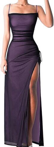 LAGSHIAN Women's Elegant Sleeveless Gala Maxi Dress Spaghetti Strap Mesh Ruched High Split Evening Long Dresses in Kuwait