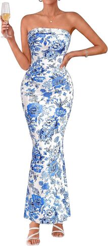 PRETTYGARDEN Womens Strapless Maxi Dress 2026 Summer Floral Bodycon Sleeveless Tube Back Slit Wedding Guest Cocktail Dresses in Kuwait