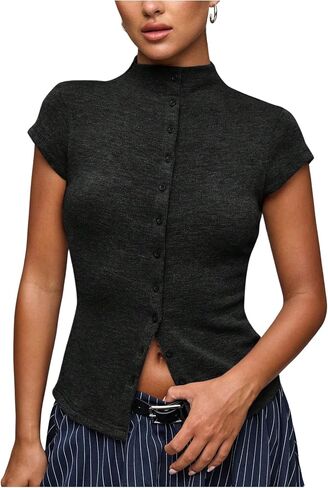 Milumia Women's Cap Sleeve Knit Top Mock Neck Button Down Slim Fit Casual Sweater Tops in Kuwait