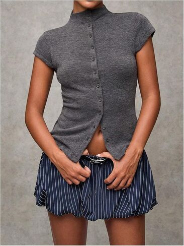 Milumia Women's Cap Sleeve Knit Top Mock Neck Button Down Slim Fit Casual Sweater Tops in Saudi Arabia