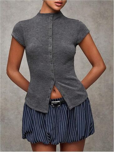 Milumia Women's Cap Sleeve Knit Top Mock Neck Button Down Slim Fit Casual Sweater Tops in Saudi Arabia