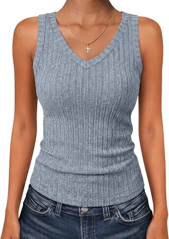 ANRABESS Women’s Ribbed Fitted V- Neck Tank Tops | Sleeveless Shirts,Comfy Soft Lightweight,Basic Casual Going Out Outfits,Travel Vacation All-Day Wear,Spring Summer Clothes in Kuwait