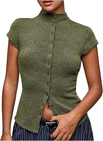 Milumia Women's Cap Sleeve Knit Top Mock Neck Button Down Slim Fit Casual Sweater Tops in Saudi Arabia
