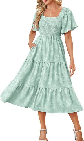 Kikibell Women Boho Maxi Dresses Summer Short Sleeve Square Neck Smocked Flowy Midi Casual Beach Party Dress with Pockets in Saudi Arabia