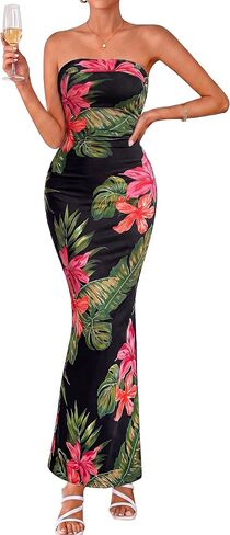 PRETTYGARDEN Womens Strapless Maxi Dress 2026 Summer Floral Bodycon Sleeveless Tube Back Slit Wedding Guest Cocktail Dresses in Kuwait