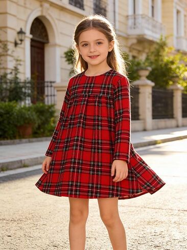Girls' Red Plaid Long Sleeve Dress, Casual Flared Toddler Kids Dress for Spring Autumn School Parties(Sizes 4Y-7Y) in Kuwait