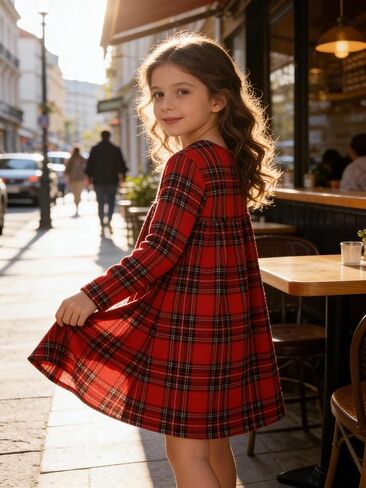 Girls' Red Plaid Long Sleeve Dress, Casual Flared Toddler Kids Dress for Spring Autumn School Parties(Sizes 4Y-7Y) in Kuwait