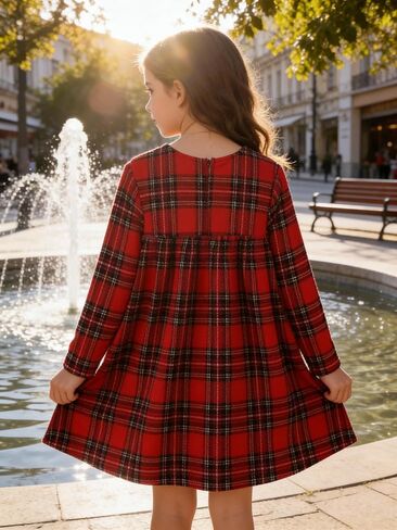 Girls' Red Plaid Long Sleeve Dress, Casual Flared Toddler Kids Dress for Spring Autumn School Parties(Sizes 4Y-7Y) in Kuwait