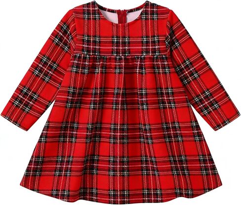 Girls' Red Plaid Long Sleeve Dress, Casual Flared Toddler Kids Dress for Spring Autumn School Parties(Sizes 4Y-7Y) in Kuwait