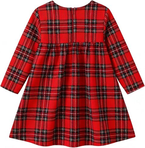 Girls' Red Plaid Long Sleeve Dress, Casual Flared Toddler Kids Dress for Spring Autumn School Parties(Sizes 4Y-7Y) in Kuwait