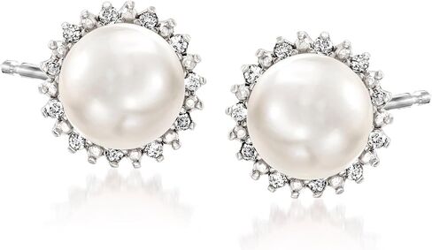 Ross-Simons 7-7.5mm Cultured Button Pearl and .13 ct. t.w. Diamond Stud Earrings in Sterling Silver in Saudi Arabia
