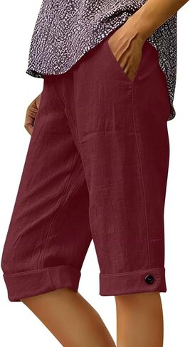 Oplxuo Womens Capri Pants Knee Length Cotton Linen Capris Summer Straight Leg Elastic Waist Beach Crop Pants with Pockets in Saudi Arabia