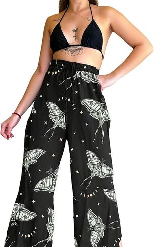 Women's Boho Wide Leg Pants - Luna Moth Print High Waist Drawstring Casual Flowy Pants in Kuwait