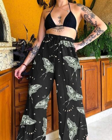 Women's Boho Wide Leg Pants - Luna Moth Print High Waist Drawstring Casual Flowy Pants in Kuwait