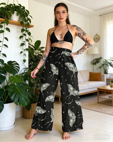 Women's Boho Wide Leg Pants - Luna Moth Print High Waist Drawstring Casual Flowy Pants in Kuwait