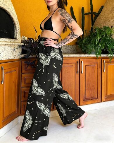 Women's Boho Wide Leg Pants - Luna Moth Print High Waist Drawstring Casual Flowy Pants in Kuwait