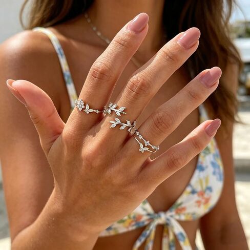 Gold Adjustable Rings for Women Delicate Leaf Butterfly Pink Flower Stackable Ring Dainty Silver Rings for Women Cute Floral Stacking Ring Statement Knuckle Finger Rings Jewelry Jewelry for Daily Wear Birthday Gifts in Saudi Arabia