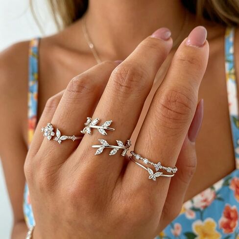 Gold Adjustable Rings for Women Delicate Leaf Butterfly Pink Flower Stackable Ring Dainty Silver Rings for Women Cute Floral Stacking Ring Statement Knuckle Finger Rings Jewelry Jewelry for Daily Wear Birthday Gifts in Saudi Arabia