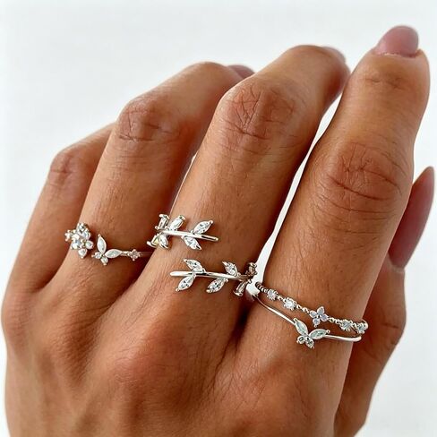 Gold Adjustable Rings for Women Delicate Leaf Butterfly Pink Flower Stackable Ring Dainty Silver Rings for Women Cute Floral Stacking Ring Statement Knuckle Finger Rings Jewelry Jewelry for Daily Wear Birthday Gifts in Saudi Arabia