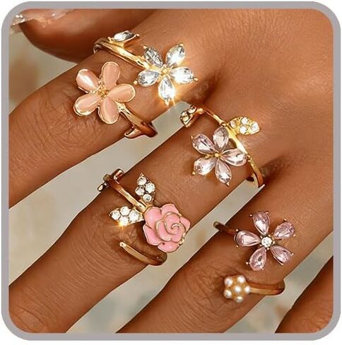 Gold Adjustable Rings for Women Delicate Leaf Butterfly Pink Flower Stackable Ring Dainty Silver Rings for Women Cute Floral Stacking Ring Statement Knuckle Finger Rings Jewelry Jewelry for Daily Wear Birthday Gifts in Saudi Arabia