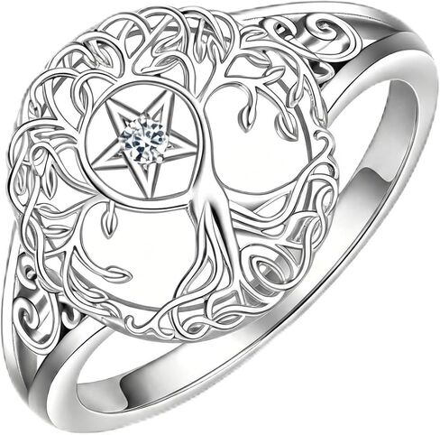Pentagram Ring 18K White Gold Plated Tree of Life Ring Jewelry Gifts Birthdays Christmas for Women in Saudi Arabia