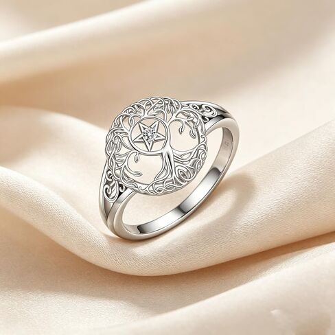 Pentagram Ring 18K White Gold Plated Tree of Life Ring Jewelry Gifts Birthdays Christmas for Women in Saudi Arabia