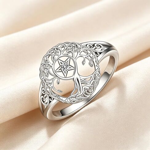 Pentagram Ring 18K White Gold Plated Tree of Life Ring Jewelry Gifts Birthdays Christmas for Women in Saudi Arabia