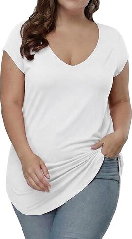 Gocolloa Plus Size Tops for Women Summer Cap Short Sleeve V Neck Basic T Shirts Casual Loose Tunic in Saudi Arabia