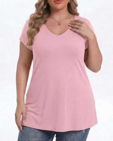 Gocolloa Plus Size Tops for Women Summer Cap Short Sleeve V Neck Basic T Shirts Casual Loose Tunic in Saudi Arabia