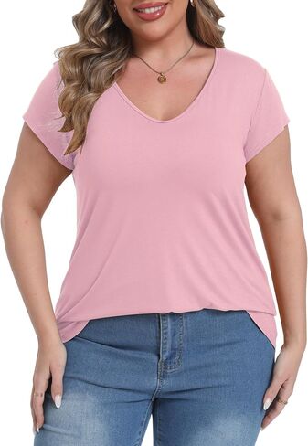 Gocolloa Plus Size Tops for Women Summer Cap Short Sleeve V Neck Basic T Shirts Casual Loose Tunic in Saudi Arabia