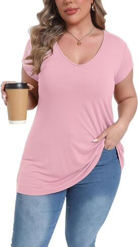 Gocolloa Plus Size Tops for Women Summer Cap Short Sleeve V Neck Basic T Shirts Casual Loose Tunic in Saudi Arabia