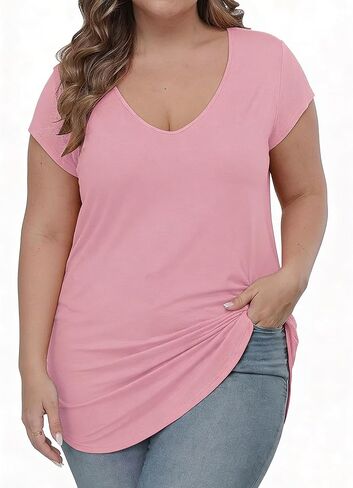 Gocolloa Plus Size Tops for Women Summer Cap Short Sleeve V Neck Basic T Shirts Casual Loose Tunic in Saudi Arabia