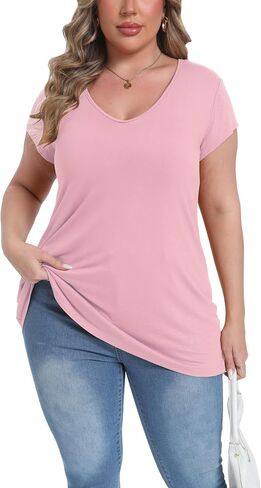 Gocolloa Plus Size Tops for Women Summer Cap Short Sleeve V Neck Basic T Shirts Casual Loose Tunic in Saudi Arabia
