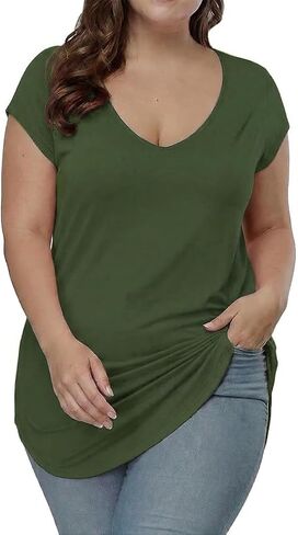 Gocolloa Plus Size Tops for Women Summer Cap Short Sleeve V Neck Basic T Shirts Casual Loose Tunic in Saudi Arabia