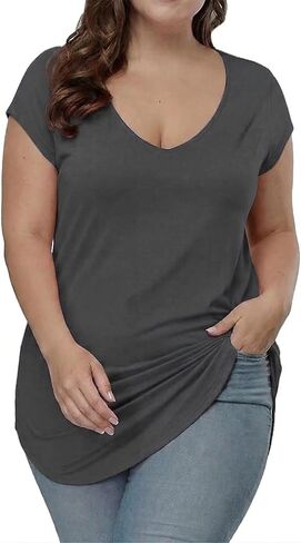 Gocolloa Plus Size Tops for Women Summer Cap Short Sleeve V Neck Basic T Shirts Casual Loose Tunic in Saudi Arabia