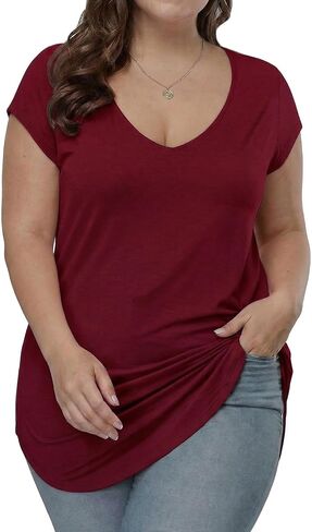 Gocolloa Plus Size Tops for Women Summer Cap Short Sleeve V Neck Basic T Shirts Casual Loose Tunic in Saudi Arabia