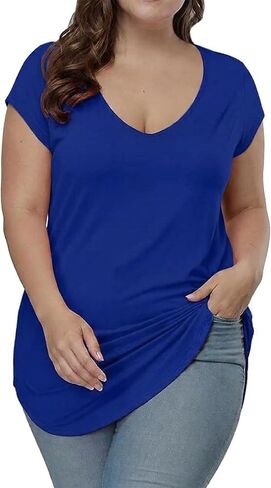 Gocolloa Plus Size Tops for Women Summer Cap Short Sleeve V Neck Basic T Shirts Casual Loose Tunic in Saudi Arabia