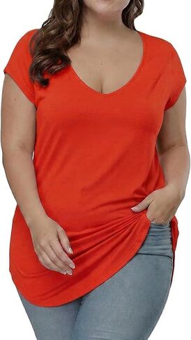 Gocolloa Plus Size Tops for Women Summer Cap Short Sleeve V Neck Basic T Shirts Casual Loose Tunic in Saudi Arabia