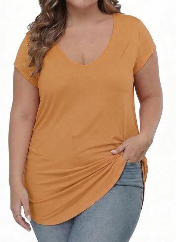Gocolloa Plus Size Tops for Women Summer Cap Short Sleeve V Neck Basic T Shirts Casual Loose Tunic in Saudi Arabia