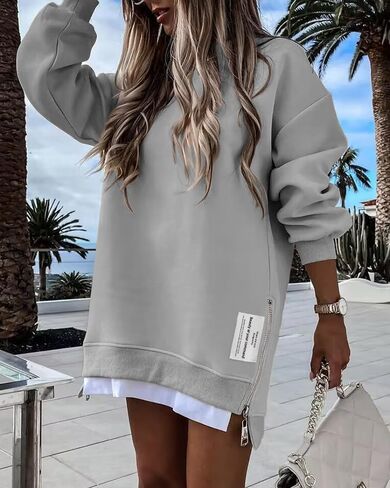 Womens Oversized Sweatshirt Zipper Side Slit Drop Shoulder Pullover Long Sleeve Hoodie Casual Daily Street Wear in Kuwait