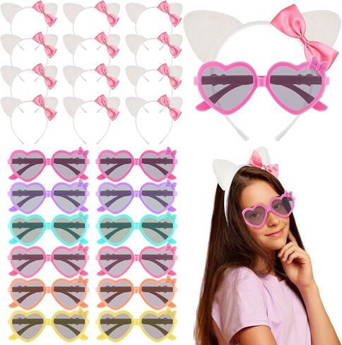 24 Pcs Kitty Cat Ears Headband Birthday Party Gifts Kitten Bow Heart Sunglasses Party Decorations for Women Costume(Cool Style,Multicolor) in Kuwait