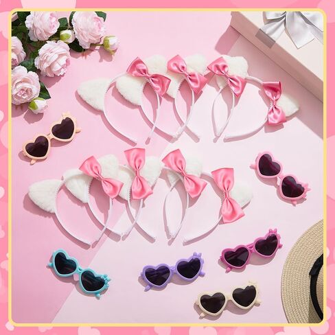 24 Pcs Kitty Cat Ears Headband Birthday Party Gifts Kitten Bow Heart Sunglasses Party Decorations for Women Costume(Cool Style,Multicolor) in Kuwait