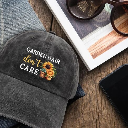 Funny Sunflower Hats Garden Hair Don't Care Printed Cotton Adjustable Baseball Caps for Men Women Distressed Washed Black Baseball Hats Trendy Birthday Gifts for Dad Mom Colleague Friend in Saudi Arabia