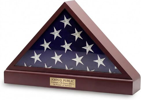 DECOMIL Burial Flag Display Case Personalized, 5x9 Flag Display Stand with Pedestal, Flag Case for Funeral Flag, Solid Wood Cherry Finish, Flag Case with Name Plate in Saudi Arabia