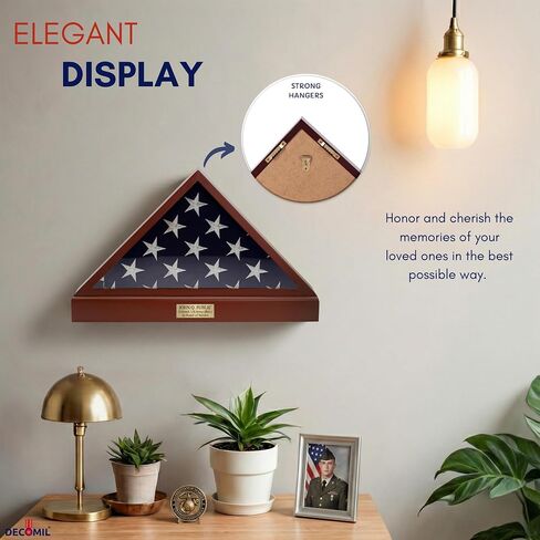 DECOMIL Burial Flag Display Case Personalized, 5x9 Flag Display Stand with Pedestal, Flag Case for Funeral Flag, Solid Wood Cherry Finish, Flag Case with Name Plate in Saudi Arabia