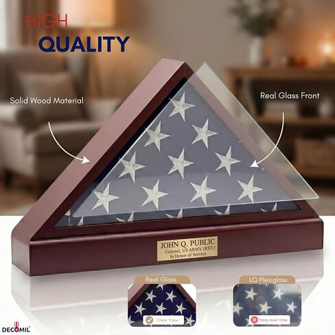 DECOMIL Burial Flag Display Case Personalized, 5x9 Flag Display Stand with Pedestal, Flag Case for Funeral Flag, Solid Wood Cherry Finish, Flag Case with Name Plate in Saudi Arabia