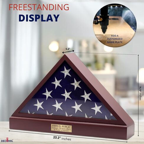 DECOMIL Burial Flag Display Case Personalized, 5x9 Flag Display Stand with Pedestal, Flag Case for Funeral Flag, Solid Wood Cherry Finish, Flag Case with Name Plate in Saudi Arabia